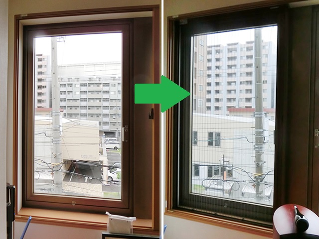 縦すべり出し窓にプリーツ網戸　セイキ　アルマーデＩＩＩ　名古屋市熱田区